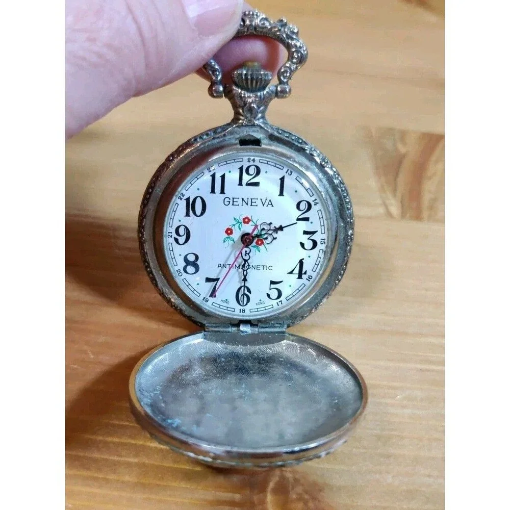 GENEVA Train Pocket Watch Silvertone For Parts Or Repairs